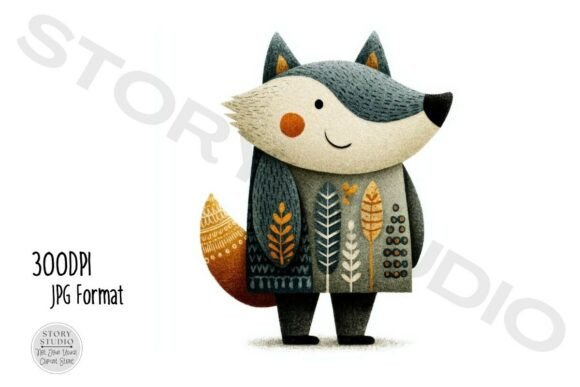 Download Cute Folk Art Woodland Wolf Fox Clipart - Wood Collection